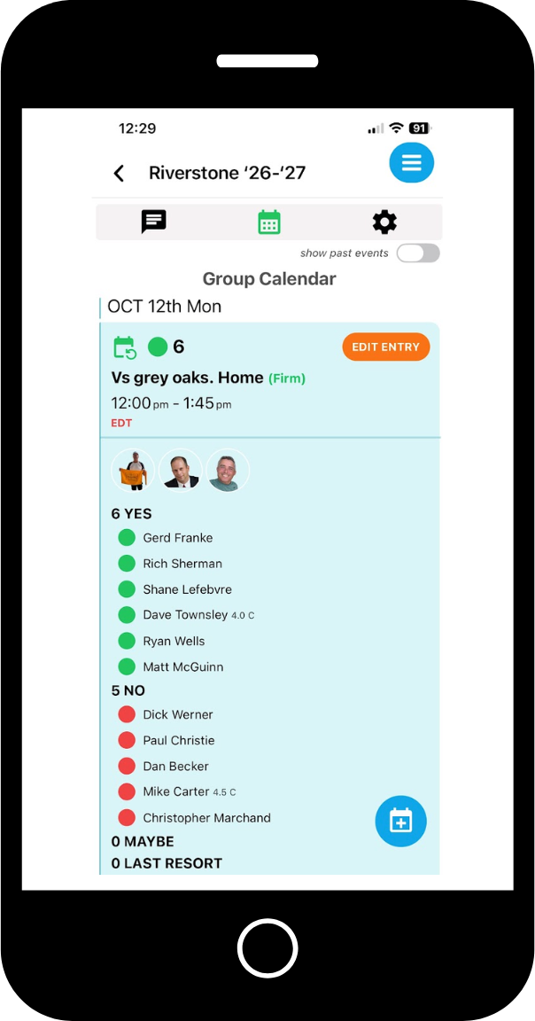 DoubleMatchPoint team calendar showing a home match with players marked yes and no
